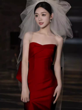 Niulatu Mermaid Strapless Satin Long Burgundy Prom Dress HZ1110