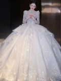 Niulatu Ball Gown Tulle Beaded Long Sleeves Long Wedding Dresses HZ1110