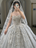 Niulatu Ball Gown Strapless Satin Tulle Sequin Beaded With Veil Long Wedding Dresses HZ1110