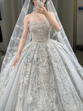 Niulatu Ball Gown Strapless Satin Tulle Sequin Beaded With Veil Long Wedding Dresses HZ1110