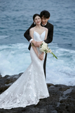 Niulatu Mermaid Spaghetti Strpas White Tulle Applique With Veil Long Wedding Dresses HZ1110