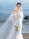 Niulatu Mermaid Off The Shoulder White Satin Tulle Applique Long Sleeve With Veil Long Wedding Dresses HZ1110