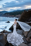 Niulatu Mermaid Sweetheart White Tulle Lace With Veil Long Wedding Dresses HZ1110