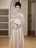 Niulatu A Line Elegant One Shoulder Satin Long Bridesmaid Dress HZ1110