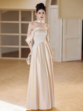 Niulatu Champagne A Line Off The Shoulder Satin Long Bridesmaid Dress HZ1110