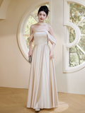Niulatu Champagne A Line Off The Shoulder Satin Long Bridesmaid Dress HZ1110