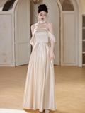 Niulatu Champagne A Line Off The Shoulder Satin Long Bridesmaid Dress HZ1110