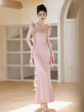 Niulatu Mermaid Spaghetti Straps Blush Pink Satin Long Bridesmaid Dress HZ1110