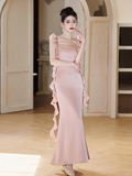 Niulatu Mermaid Spaghetti Straps Blush Pink Satin Long Bridesmaid Dress HZ1110