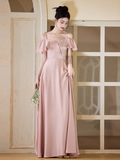 Niulatu A Line Spaghetti Straps Blush Pink Satin Long Bridesmaid Dress HZ1110