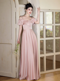 Niulatu A Line Spaghetti Straps Blush Pink Satin Long Bridesmaid Dress HZ1110