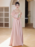 Niulatu A Line Spaghetti Straps Blush Pink Satin Long Bridesmaid Dress HZ1110