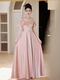 Niulatu A Line Spaghetti Straps Blush Pink Satin Long Bridesmaid Dress HZ1110