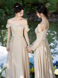 Niulatu A Line Off The Shoulder Satin Long Bridesmaid Dress HZ1110