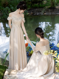 Niulatu A Line Off The Shoulder Satin Long Bridesmaid Dress HZ1110