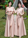 Niulatu Pink A Line Satin Long Bridesmaid Dress HZ1110