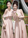 Niulatu Pink A Line Satin Long Bridesmaid Dress HZ1110