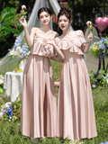Niulatu Pink A Line Satin Long Bridesmaid Dress HZ1110