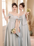 Niulatu A Line Gray Satin Long Bridesmaid Dress HZ1110