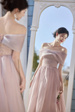 Niulatu A Line Off The Shoulder Pink Chiffon Long Bridesmaid Dress HZ1110