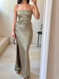 Niulatu Simple Mermaid Spaghetti Straps Satin Slit Long Bridesmaid Dress HZ1110