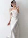 Niulatu Mermaid Square White Satin Long Bridesmaid Dress HZ1110