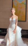 Niulatu Mermaid Strapless White Lace Tulle Long Wedding Dresses HZ1110
