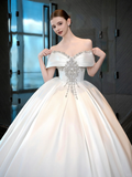 Niulatu Ball Gown Off The Shoulder Satin Applique Long Wedding Dresses HZ1110