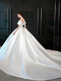 Niulatu Ball Gown Off The Shoulder Satin Applique Long Wedding Dresses HZ1110