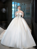 Niulatu Ball Gown Off The Shoulder Satin Applique Long Wedding Dresses HZ1110