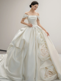 Niulatu Ball Gown Off The Shoulder Satin Flowers Long Wedding Dresses HZ1110