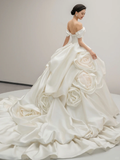 Niulatu Ball Gown Off The Shoulder Satin Flowers Long Wedding Dresses HZ1110