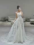 Niulatu Mermaid Strapless Tulle Sequin Applique Long Wedding Dresses HZ1110