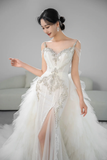 Niulatu Mermaid Spaghetti Straps Tulle Beaded Long Wedding Dresses HZ1110