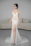 Niulatu Mermaid Spaghetti Straps Tulle Beaded Long Wedding Dresses HZ1110