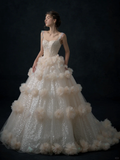 Niulatu Ball Gown Spaghetti Straps Champagne Tulle Sequin Long Wedding Dresses HZ1110