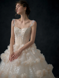 Niulatu Ball Gown Spaghetti Straps Champagne Tulle Sequin Long Wedding Dresses HZ1110