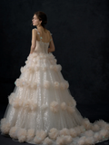 Niulatu Ball Gown Spaghetti Straps Champagne Tulle Sequin Long Wedding Dresses HZ1110