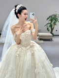 Niulatu Ball Gown Off The Shoulder Tulle Lace Applique With Veil Long Wedding Dresses HZ1110