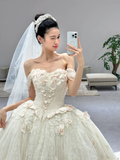 Niulatu Ball Gown Off The Shoulder Tulle Lace Applique With Veil Long Wedding Dresses HZ1110