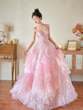 Niulatu Summer Ball Gown Spaghetti Straps Pink Tulle Sequin Long Prom Dresses HZ1110
