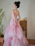 Niulatu Summer Ball Gown Spaghetti Straps Pink Tulle Sequin Long Prom Dresses HZ1110