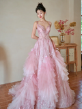 Niulatu Summer Ball Gown Spaghetti Straps Pink Tulle Sequin Long Prom Dresses HZ1110