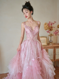 Niulatu Summer Ball Gown Spaghetti Straps Pink Tulle Sequin Long Prom Dresses HZ1110