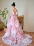 Niulatu Summer Ball Gown Spaghetti Straps Pink Tulle Sequin Long Prom Dresses HZ1110