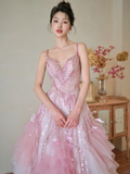 Niulatu Summer Ball Gown Spaghetti Straps Pink Tulle Sequin Long Prom Dresses HZ1110