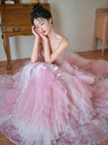 Niulatu Summer Ball Gown Spaghetti Straps Pink Tulle Sequin Long Prom Dresses HZ1110