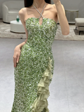 Niulatu Elegant Mermaid Halter Satin Sequin Slit Long Prom Dresses HZ1110