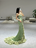 Niulatu Elegant Mermaid Halter Satin Sequin Slit Long Prom Dresses HZ1110