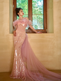 Niulatu Elegant Mermaid Off The Shoulder Pink Tulle Sequin Long Prom Dresses HZ1110